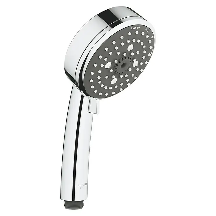 Grohe Vitalio Comfort 100 Handbrause - Anzahl Funktionen: 4 Stk., Durchmesser: 10 cm, Chrom - Nahaufnahme eines Grohe Duschkopfes mit verschiedenen Strahlarten für ein individuelles Duscherlebnis. Hochwertiges Design für Ihr Badezimmer.
