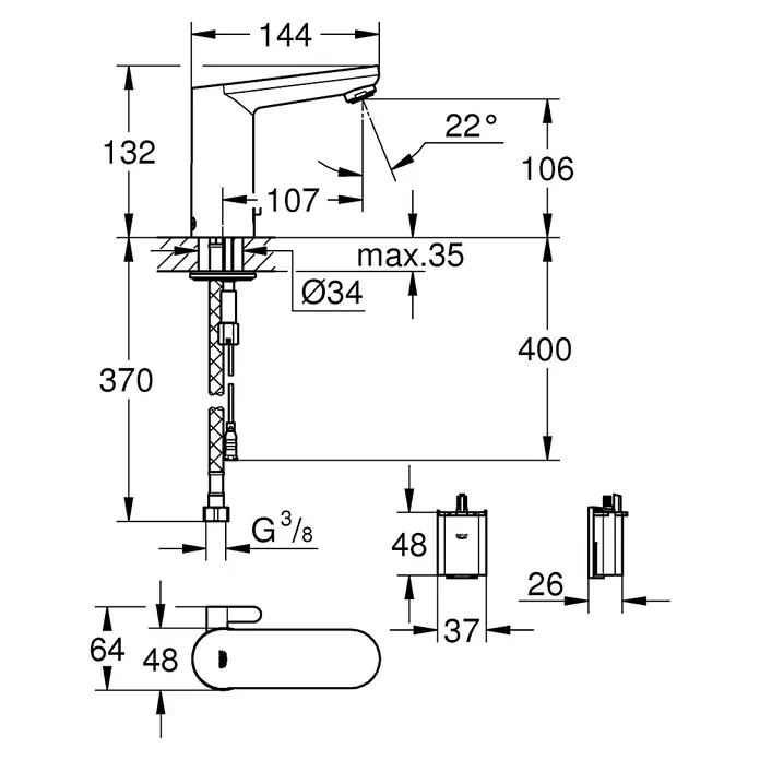 Grohe Get Waschtischarmatur - Infrarot-Elektronik, Chrom, Glänzend - Technische Zeichnung einer Armatur mit Maßangaben zu Höhe, Ausladung und Durchmesser.