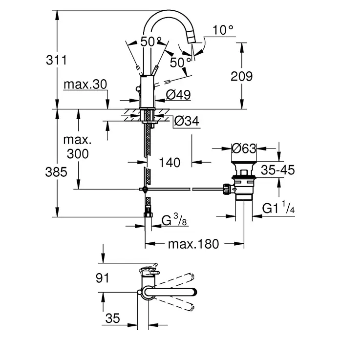 Grohe Start Classic Waschtischarmatur L-Size - Chrom, Glänzend - Produktbild mit den Abmessungen eines Waschbecken Wasserhahns mit rundem Auslauf, mit allen Details für die Installation.