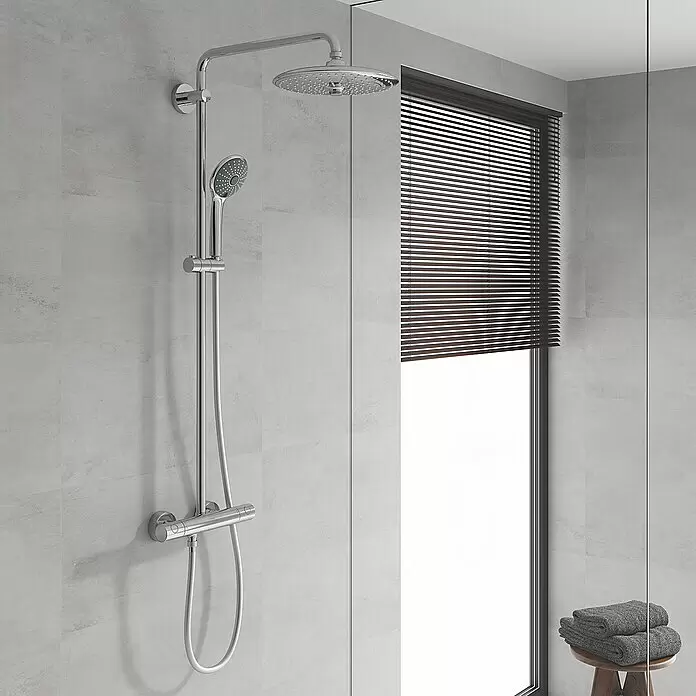 Grohe Vitalio Joy Handbrause - Anzahl Funktionen: 3 Stk., Chrom - Verchromtes Duschsystem mit Kopfbrause, Handbrause und Thermostatmischer.