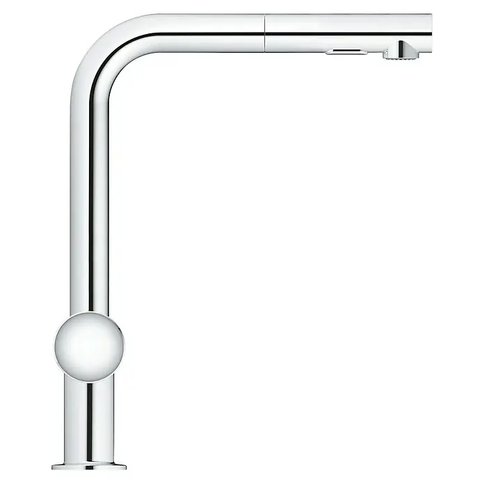 Grohe Spültischarmatur Minta - L-Auslauf, Chrom, Glänzend, Anzahl Strahlarten: 2 Stk. - Abgebildet ist eine Armatur mit einem glänzenden Chrom-Finish, die ein modernes und funktionales Design aufweist.