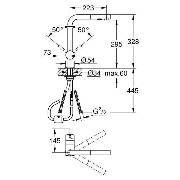 Grohe Spültischarmatur Minta - L-Auslauf, Chrom, Glänzend, Anzahl Strahlarten: 2 Stk. - Eine schematische Zeichnung einer Armatur mit Maßangaben und Winkeln für Installationszwecke.