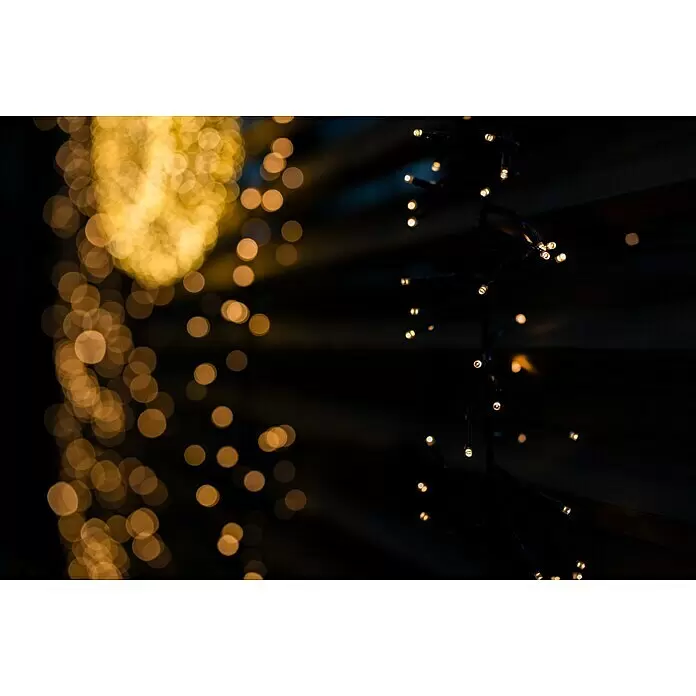 Tween Light LED-Clusterlichterkette - Außen, Länge: 8,15 m, 768 Stk., Netzbetrieben, Lichtfarbe: Warmweiß - Warme gelbe Lichterkette leuchtet in dunkler Umgebung mit weichem Bokeh.