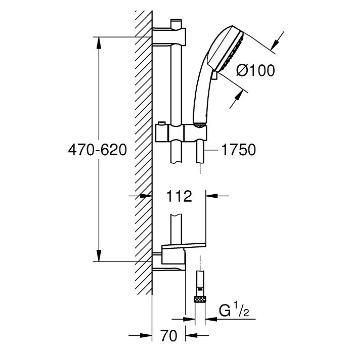 Grohe Brausegarnitur Vitalio Comfort 100Lochabstand: 47 cm - 62 cm, Art Strahl: Rain, Jetstrahl, Chrom, Anzahl Strahlarten: 2 Stk. Sketch