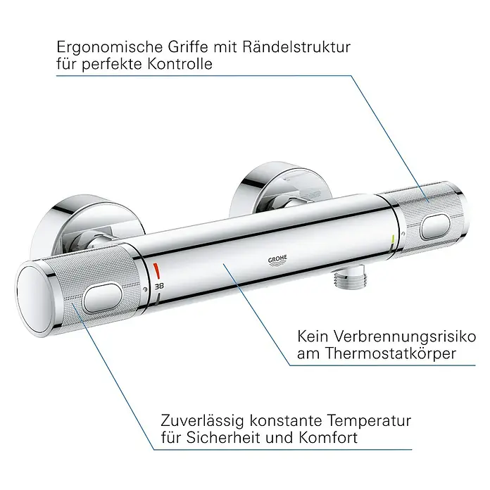Grohe Precision Feel Thermostatarmatur - Breite: 31,3 cm, Chrom, Glänzend - Nahaufnahme einer Grohe Thermostat-Armatur mit gerändelten Griffen für perfekte Kontrolle und konstanter Temperatur.