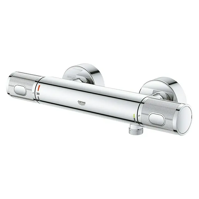 Grohe Precision Feel Thermostatarmatur - Breite: 31,3 cm, Chrom, Glänzend - Nahaufnahme eines Grohe Thermostat-Brausemischers zur Wandmontage, Chromoberfläche mit Temperatureinstellung und Wassersparfunktion.