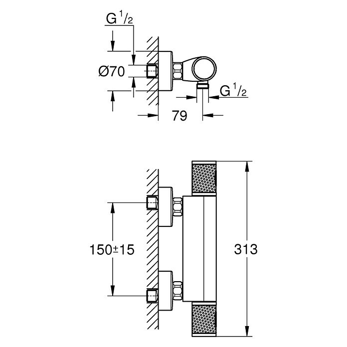 Grohe Brausethermostat Precision FeelChrom, Glänzend Sketch