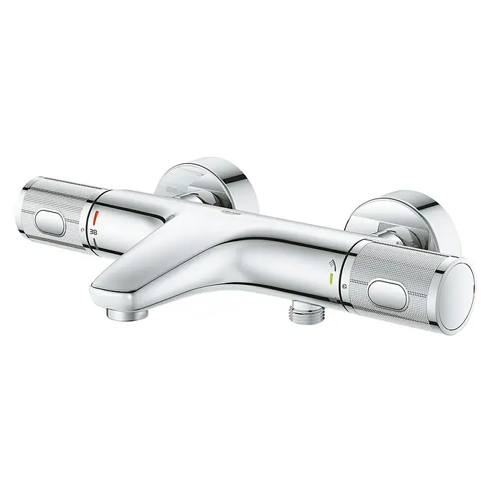 Grohe Precision Feel Wannenthermostat - Chrom, Glänzend - Das Bild zeigt eine moderne Grohe Duscharmatur in Chrom. Die Armatur verfügt über Temperaturregler und Wassermengenbegrenzer für optimalen Komfort.