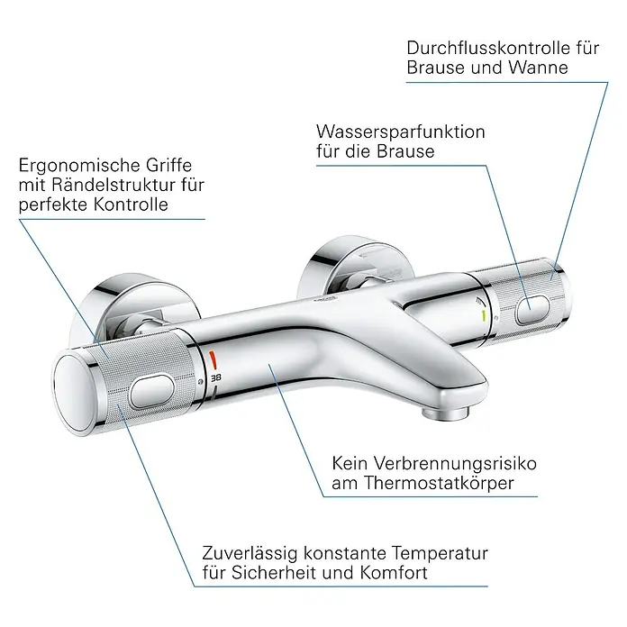 Grohe Precision Feel Wannenthermostat - Chrom, Glänzend - Eine Chrom-beschichtete Thermostatbatterie mit gerändelten Griffen für perfekte Kontrolle und Wassersparfunktion.