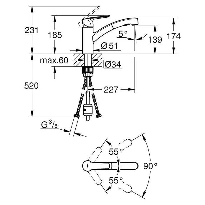 Grohe QuickFix Spültischarmatur Start - Chrom, Ausziehbar, Glänzend - Eine detaillierte Zeichnung eines Wasserhahns mit Maßangaben zu Höhe, Durchmesser und Winkel für Installationszwecke.