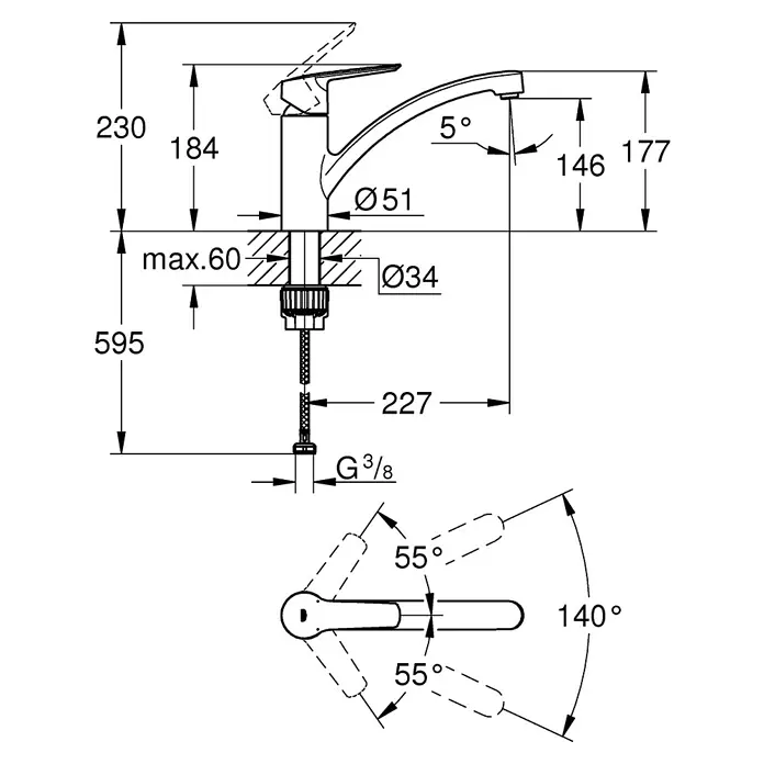 Grohe QuickFix Spültischarmatur Start - Ausladung Armatur: 227 mm, Chrom, Schwenkbereich: 140 ° - Eine detaillierte Zeichnung einer Küchenarmatur mit Maßangaben zu Höhe, Ausladung und Durchmesser der verschiedenen Teile.