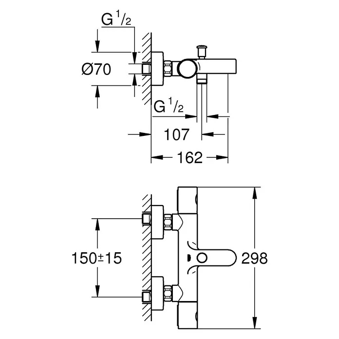 Grohe Precision Get Wannenthermostat - Chrom - Abbildung der Grohe Eurosmart Waschtischarmatur zur Wandmontage mit Maßangaben für die Installation.