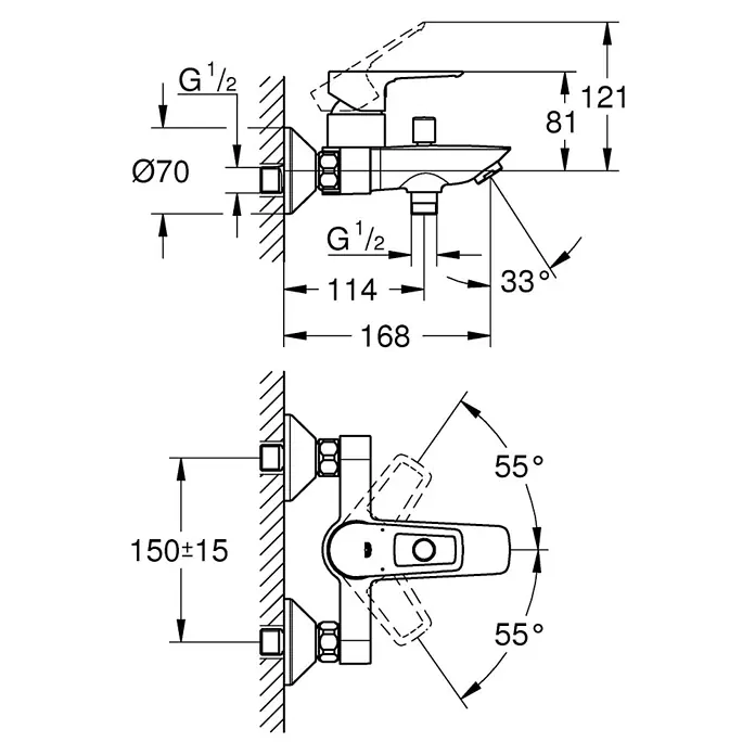 Grohe Start Loop Badewannenarmatur - Ausladung Armatur: 168 mm, Chrom, Glänzend, Durchmesser Kartusche: 35 mm - Detaillierte technische Zeichnung einer Grohe Armatur mit Maßen und Winkeln zur Installation.