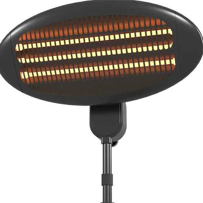Voltomat HEATING Estufa de pie infrarrojos para exterior - 2.000 W, Negro - Primer plano de un calefactor infrarrojo negro de pie con elementos de calefacción naranja.