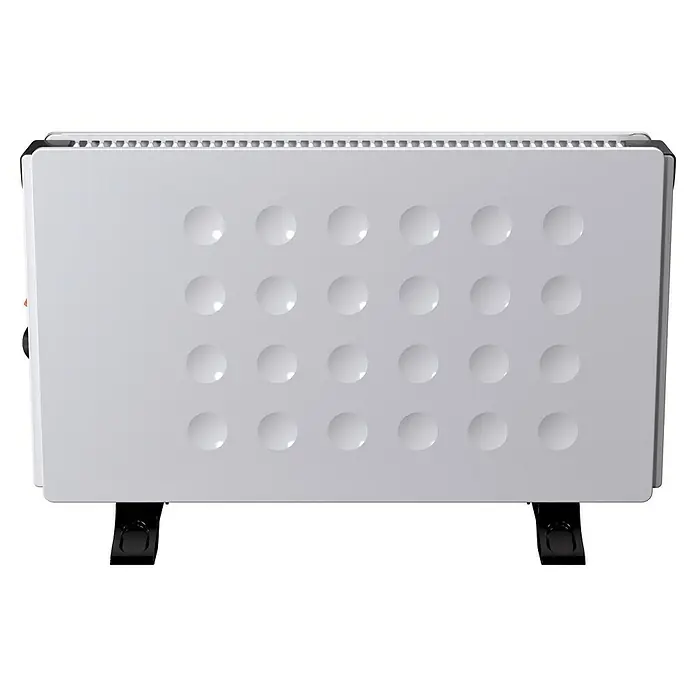 Voltomat HEATING Konvektorheizung Dubbe - 2.000 W, Raumgröße bis ca. 20 m², Weiß - Nahaufnahme eines weißen Konvektionsheizgeräts mit einem Punktmuster auf der Vorderseite und schwarzen Füßen.