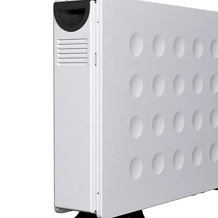 Voltomat HEATING Konvektorheizung Dubbe - 2.000 W, Raumgröße bis ca. 20 m², Weiß - Nahaufnahme eines weißen Heizkörpers mit einem Paneel mit eingeprägten Kreisen und einem schwarzen Bedienfeld an der Seite.