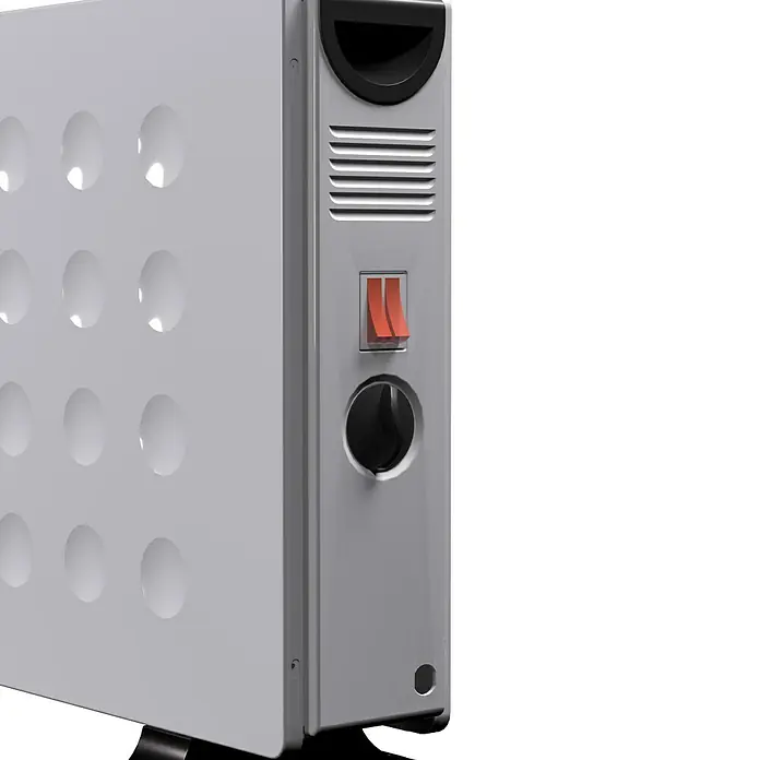 Voltomat HEATING Konvektorheizung Dubbe - 2.000 W, Raumgröße bis ca. 20 m², Weiß - Nahaufnahme eines tragbaren Heizgeräts mit Knöpfen und Belüftungsöffnungen vor einem schwarzen Hintergrund.