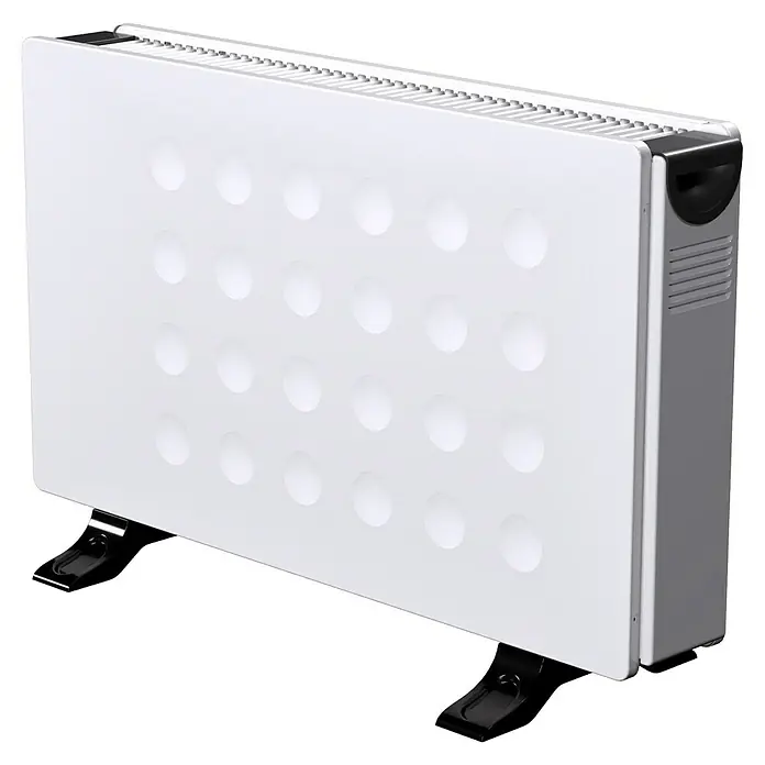 Voltomat HEATING Konvektorheizung Dubbe - 2.000 W, Raumgröße bis ca. 20 m², Weiß - Ein Heizkörper mit einem weißen Paneel und abgerundeten Vertiefungen. Das Heizgerät steht auf kleinen, schwarzen Füßen und ist auf einem dunklen Hintergrund.