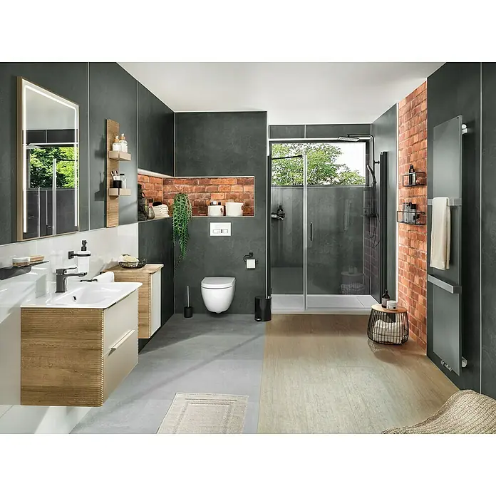 Camargue Manhattan Duschwanne - L x B: 140 x 90 cm, Weiß - Elegantes Badezimmerdesign mit Waschtischunterschrank, beleuchtetem Spiegel, Dusche und Backsteinwand für ein modernes und stilvolles Ambiente.