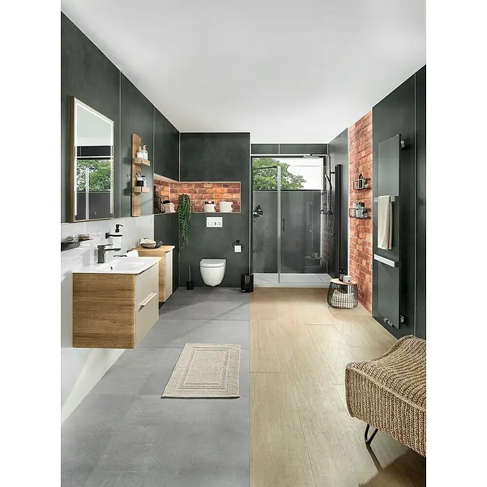 Camargue Antwerpen Ablage - Breite: 25 cm, Schwarz, Matt - Helles Bad mit Holzunterschrankwaschbecken, Spiegel, Toilette und Dusche. Das moderne Design des Badezimmers ist ein echter Hingucker.