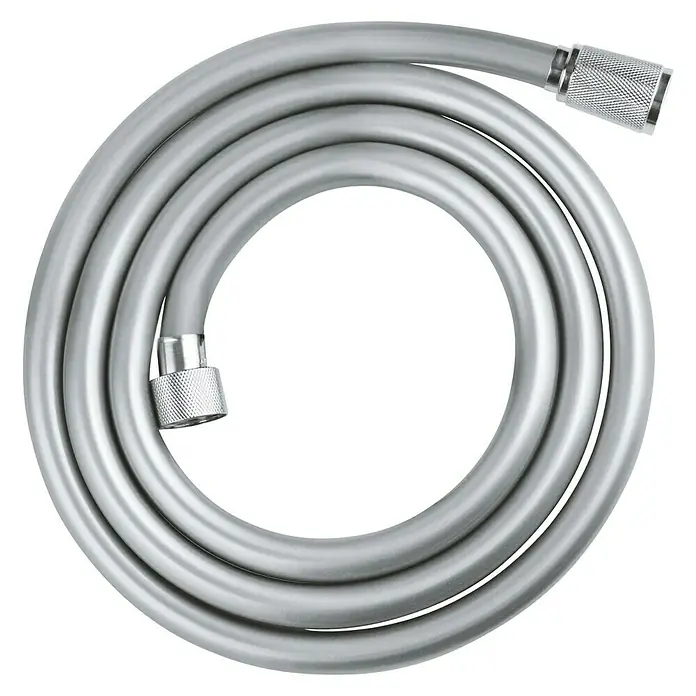 Grohe Brauseschlauch Vitalioflex Trend - Länge: 175 cm, Anschlüsse: ½″, Chrom - Ein silbergrauer Brauseschlauch ist kreisförmig auf einem schwarzen Hintergrund aufgerollt. Die Enden haben gerändelte Anschlüsse.