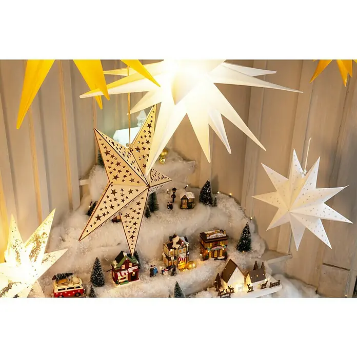 Tween Light Estrella LED colgante 3D - 100 cm, Blanco, Color de luz: Blanco cálido, IP44, Funcionamiento en red - Decoración navideña con estrellas iluminadas y un pueblo en miniatura en la nieve, ambiente festivo.
