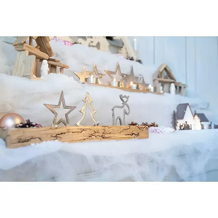 Dekofigur Stern, Tanne und Elch auf Holzsockel - L x B x H: 3,5 x 10 x 13 cm, Holz, Hirsch - Winterliche Dekoration mit Holzhäusern, Metallsternen, Baum, Reh und gemusterter Holzbasis, in Kunstschnee mit Teelichtern.