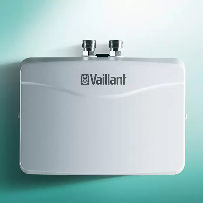 Vaillant Calentador de agua pequeño miniVED - 3,5 kW, Hidráulica, Abierto - Unidad rectangular blanca Vaillant con dos conectores metálicos para sistemas de agua/calefacción.
