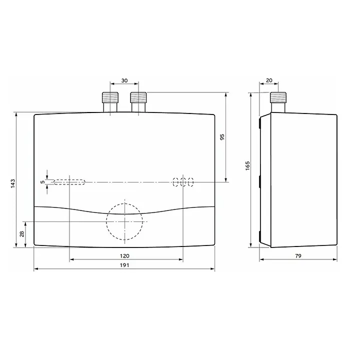 Vaillant Kleindurchlauferhitzer - 3,5 kW, Hydraulisch, Offen - Technische Zeichnung eines rechteckigen Behälters mit zwei Anschlüssen oben und diversen Maßangaben.