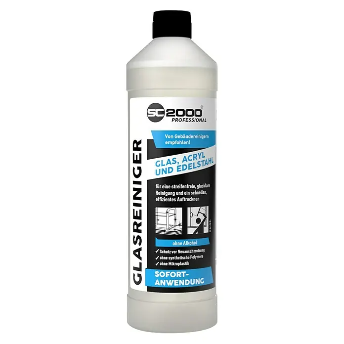 SC2000 Professional Glasreiniger Glas, Acryl und Edelstahl - 1 l, Flasche - Flasche SC2000 Professional Glasreiniger für streifenfreie Sauberkeit auf Glas, Acryl und Edelstahl, ohne Alkohol und Mikroplastik.