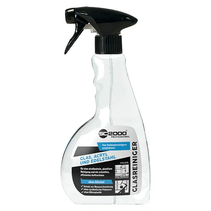 SC2000 Professional Glasreiniger Glas, Acryl und Edelstahl - 500 ml, Flasche mit Sprühkopf - Sprühflasche SC2000 Professional Glasreiniger für streifenfreie Sauberkeit von Glas, Acryl und Edelstahl, empfohlen von Gebäudereinigern.
