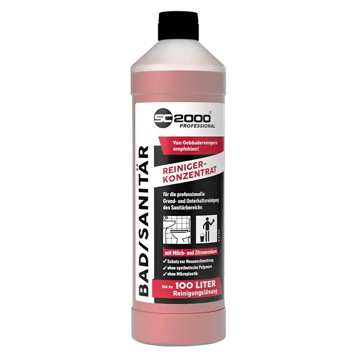 SC2000 Professional Reinigungskonzentrat Bad/Sanitär - 1 l, Flasche - Abbildung eines SC 2000 Professional Bad/Sanitär Reinigerkonzentrats für bis zu 100 Liter Reinigungslösung.