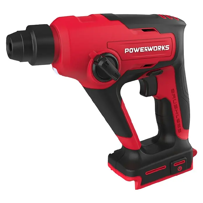 Powerworks Akku-Bohrhammer - 24 V, Ohne Akku, 1,2 J - Ein roter und schwarzer Akku-Bohrhammer der Marke Powerworks, der sich ideal für schwere Arbeiten eignet.