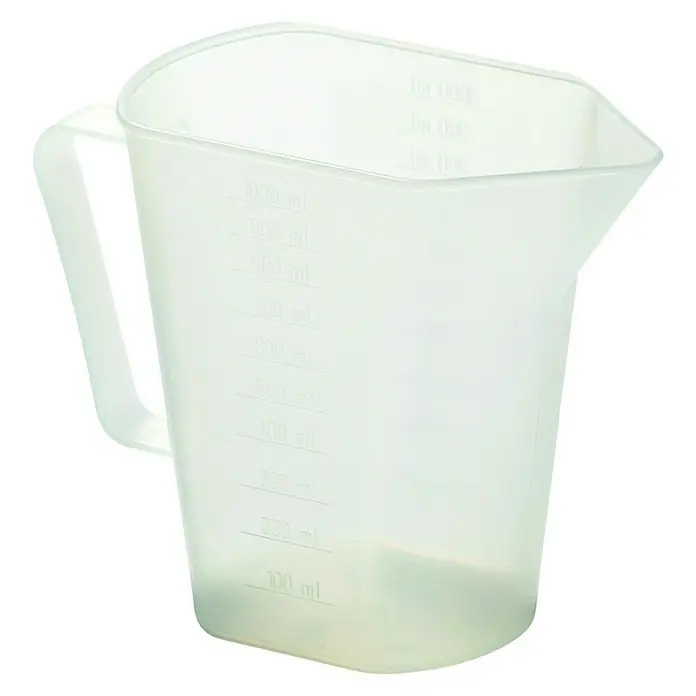 Messbecher - 1 l - Transparenter Messbecher aus Kunststoff mit Griff und gut sichtbarer Milliliter-Skala, ideal für präzises Abmessen in Küche und Labor.