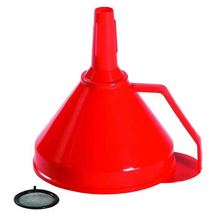 Trichter - Durchmesser: 160 mm, Seitlich angebrachter Griff - Roter Trichter mit Sieb, ideal zum Umfüllen von Flüssigkeiten. Ein nützliches Werkzeug für Haushalt und Werkstatt.