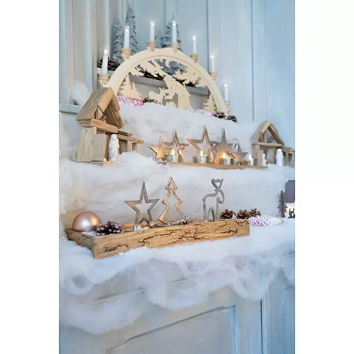 Dekofigur Stern, Tanne und Elch auf Holzsockel - L x B x H: 3,5 x 10 x 13 cm, Holz, Hirsch - Festliche Winterdekoration mit Holzbogenleuchter, Krippenelementen, Metallsternen, Baum- und Rentierfiguren, auf Kunstschnee mit Lichtern.