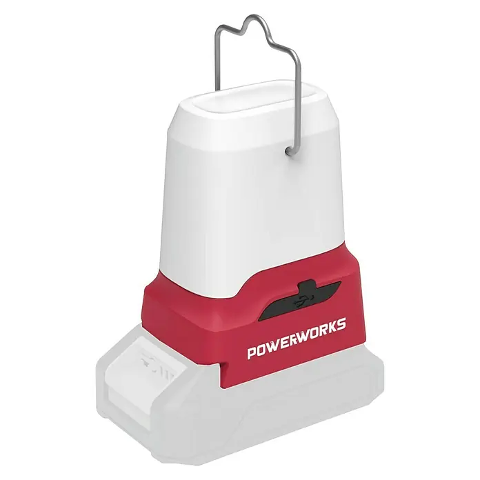 Powerworks LED-Arbeitsleuchte P24LA500 - 24 V, Ohne Akku, 500 lm - Eine tragbare Powerworks-Laterne, perfekt für den Außenbereich. Sie verfügt über einen Griff und ist rot und weiß.