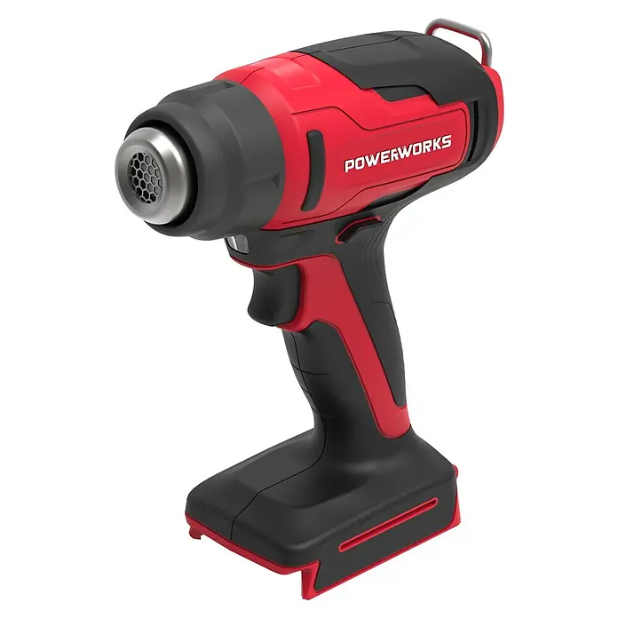 Powerworks Akku-Heißluftgebläse P24HG - 24 V, Ohne Akku, Temperaturbereich: 550 °C - Eine rote und schwarze Powerworks-Heißluftpistole wird auf dunklem Hintergrund gezeigt, wobei die Düse und der Akku deutlich zu erkennen sind.