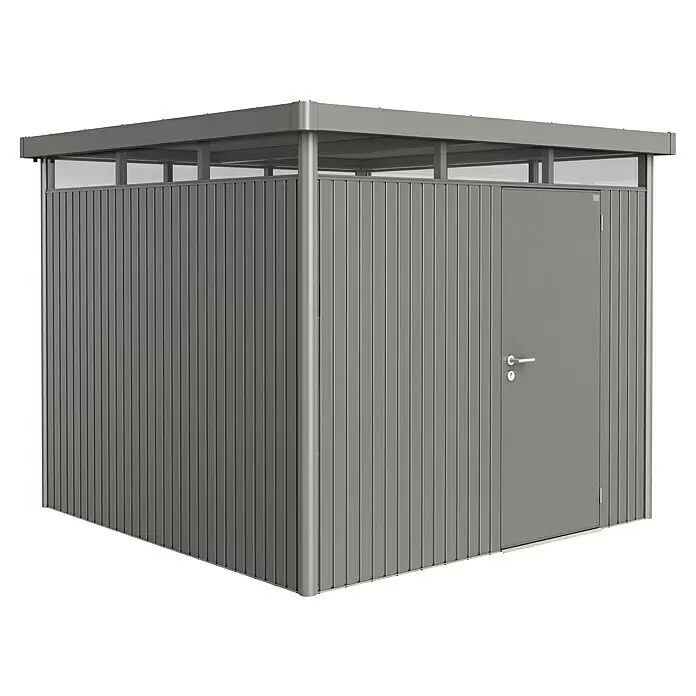 Biohort HighLine Gerätehaus HighLine H4 - Quarzgrau Metallic, Einzeltür, Außenbreite inkl. Dachüberstand: 275 cm, Außentiefe inkl. Dachüberstand: 275 cm, Stahl - Diagonale Ansicht