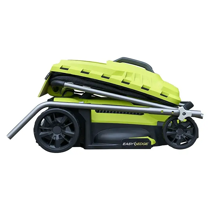 Ryobi Elektro-Rasenmäher RLM13E33S - 1.300 W, Schnittbreite: 33 cm - Abgebildeter Easy Edge Rasenmäher in zusammengeklapptem Zustand, der sich leicht verstauen lässt. Das Gerät ist in Grün- und Schwarztönen gehalten.