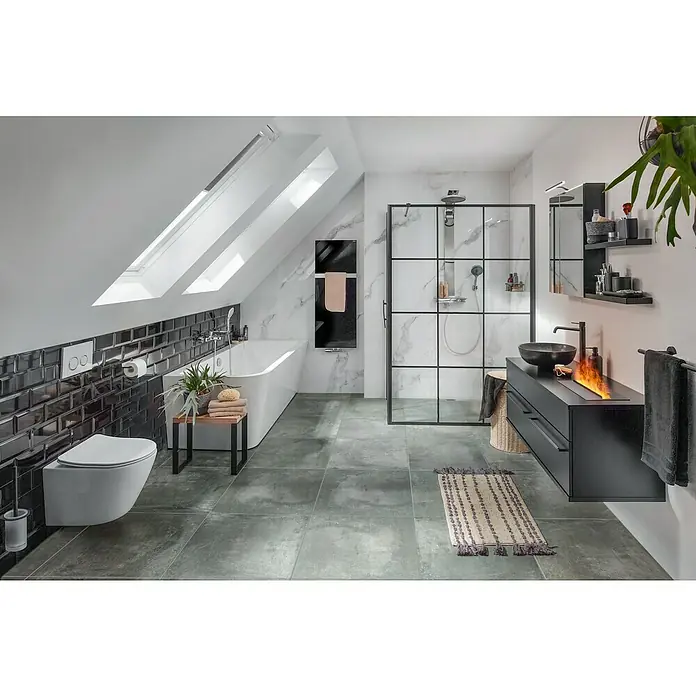 Camargue Antwerpen WC-Bürstengarnitur - Schwarz, Matt - Stilvolles Badezimmer mit freistehender Badewanne, verglaster Dusche und modernem Waschtisch mit integriertem Bioethanol-Kamin für ein luxuriöses Ambiente.