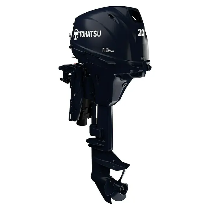 Tohatsu Außenbordmotor MFS 20E EPS - 14,71 kW, Fernsteuerung, Kurzschaft, Elektrostart - Abbildung eines Tohatsu 20-PS-Außenbordmotors mit Kraftstoffeinspritzung, ideal für kleine Boote und Jollen.
