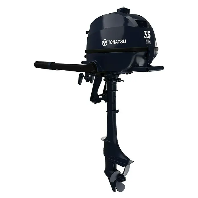 Tohatsu Außenbordmotor MFS 3,5 CS - 2,6 kW, Pinnensteuerung, Kurzschaft, Seilzug - Ein Tohatsu 3.5 Außenbordmotor in dunklem Blau, ideal für kleine Boote. Kompakt und zuverlässig für entspannte Ausflüge auf dem Wasser.
