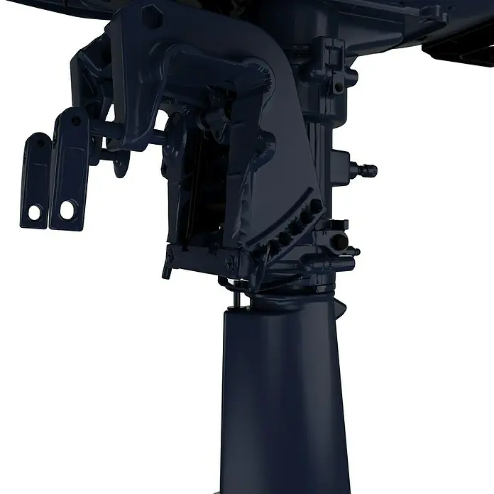 Tohatsu Außenbordmotor MFS 6 DDL - 4,4 kW, Pinnensteuerung, Langschaft, Seilzug - Nahaufnahme eines dunkelblauen Bootsmotors, der Detailgenauigkeit und technische Präzision zeigt.
