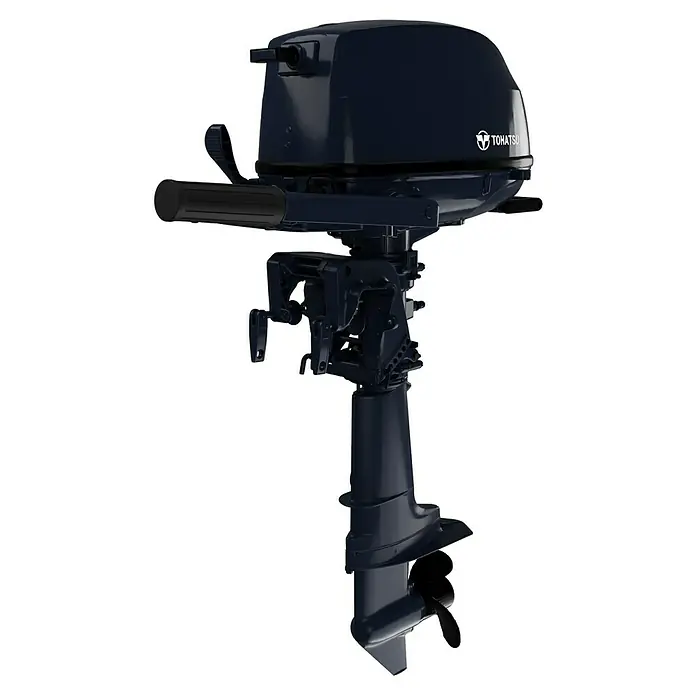 Tohatsu Außenbordmotor MFS 5 DSL - 3,7 kW, Pinnensteuerung, Langschaft, Seilzug, Propellernaben-Auspuff - Bild eines Tohatsu Außenbordmotors, robust und zuverlässig für Bootsfahrten.