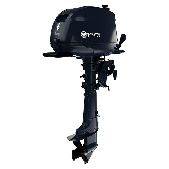 Tohatsu Außenbordmotor MFS 6 DDL - 4,4 kW, Pinnensteuerung, Langschaft, Seilzug - Abbildung eines Tohatsu 6 PS Außenbordmotors, ideal für kleine Boote. Kompaktes Design, zuverlässige Leistung.