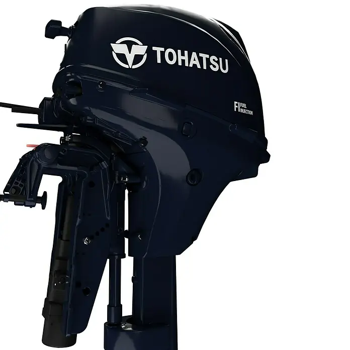 Tohatsu Außenbordmotor MFS 20E EPS - 14,71 kW, Fernsteuerung, Kurzschaft, Elektrostart - Eine Nahaufnahme eines dunkelblauen Tohatsu Außenbordmotors mit weißer Beschriftung und einem schlanken Design.