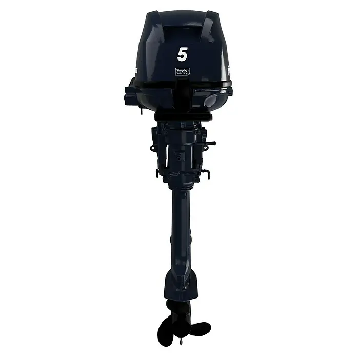 Tohatsu Außenbordmotor MFS 5 DSL - 3,7 kW, Pinnensteuerung, Langschaft, Seilzug, Propellernaben-Auspuff - Dieses Bild zeigt einen tragbaren 5 PS Außenbordmotor in Marineblau, der für kleine Boote entwickelt wurde.