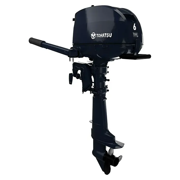 Tohatsu Außenbordmotor MFS 6 DDL - 4,4 kW, Pinnensteuerung, Langschaft, Seilzug - Bild einer Tohatsu Außenbordmotors in Marineblau. Das Gerät hat 6 PS und Simple Technology.