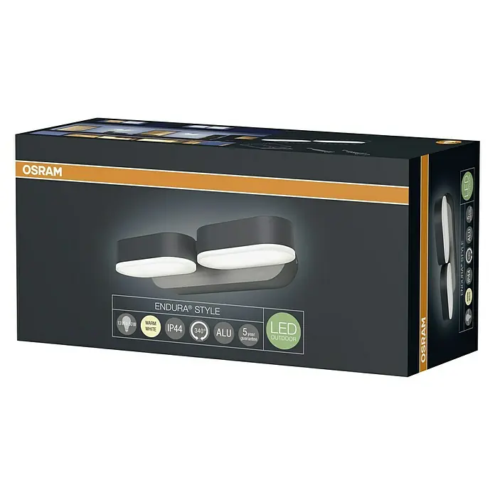 Ledvance LED-Außenwandleuchte Endura Style Mini Spot - 13 W, 100 x 230 x 54 mm, Grau, IP44 - Produktverpackung der OSRAM ENDURA® STYLE LED-Außenleuchte, robust, langlebig und ideal für die stilvolle Beleuchtung von Außenbereichen.